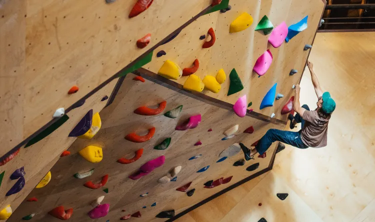 A climber on a sunny indoor climbing wall